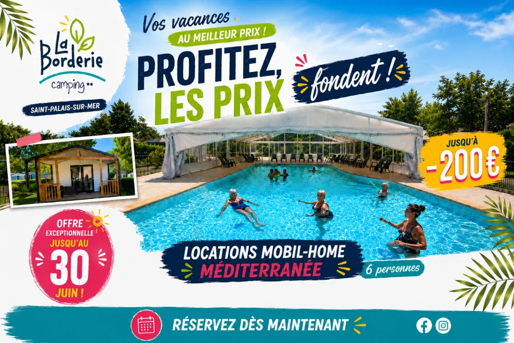 Offre spéciale sur les locations de mobil-homes à Saint-Palais-sur-Mer, près des plages de Charente-Maritime.